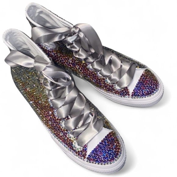 Meridian Blue Crystal High Top Converse Sizes 5-14 New In Box With Ribbon laces - Picture 5 of 15